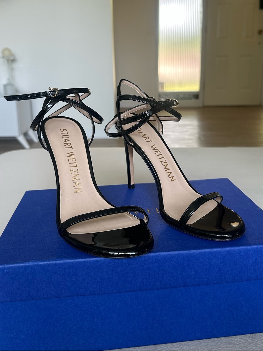 Stuart Weitzman Black Patent Leather Strappy Stiletto Sandals